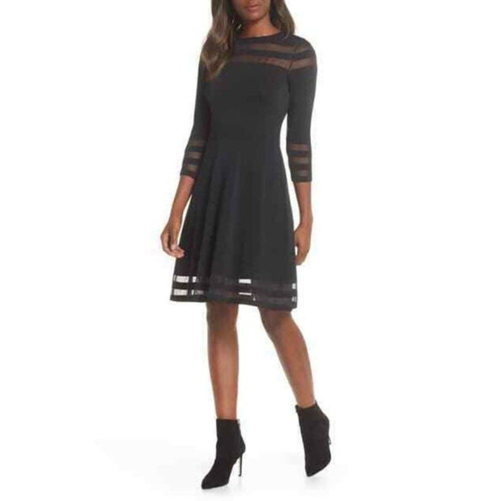 Eliza J Illusion Stripe Fit & Flare Dress size Large in Black